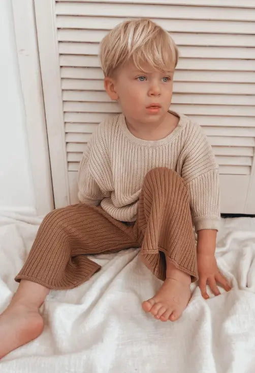 Little Boy In Ribbed Knit Tee - Creme
