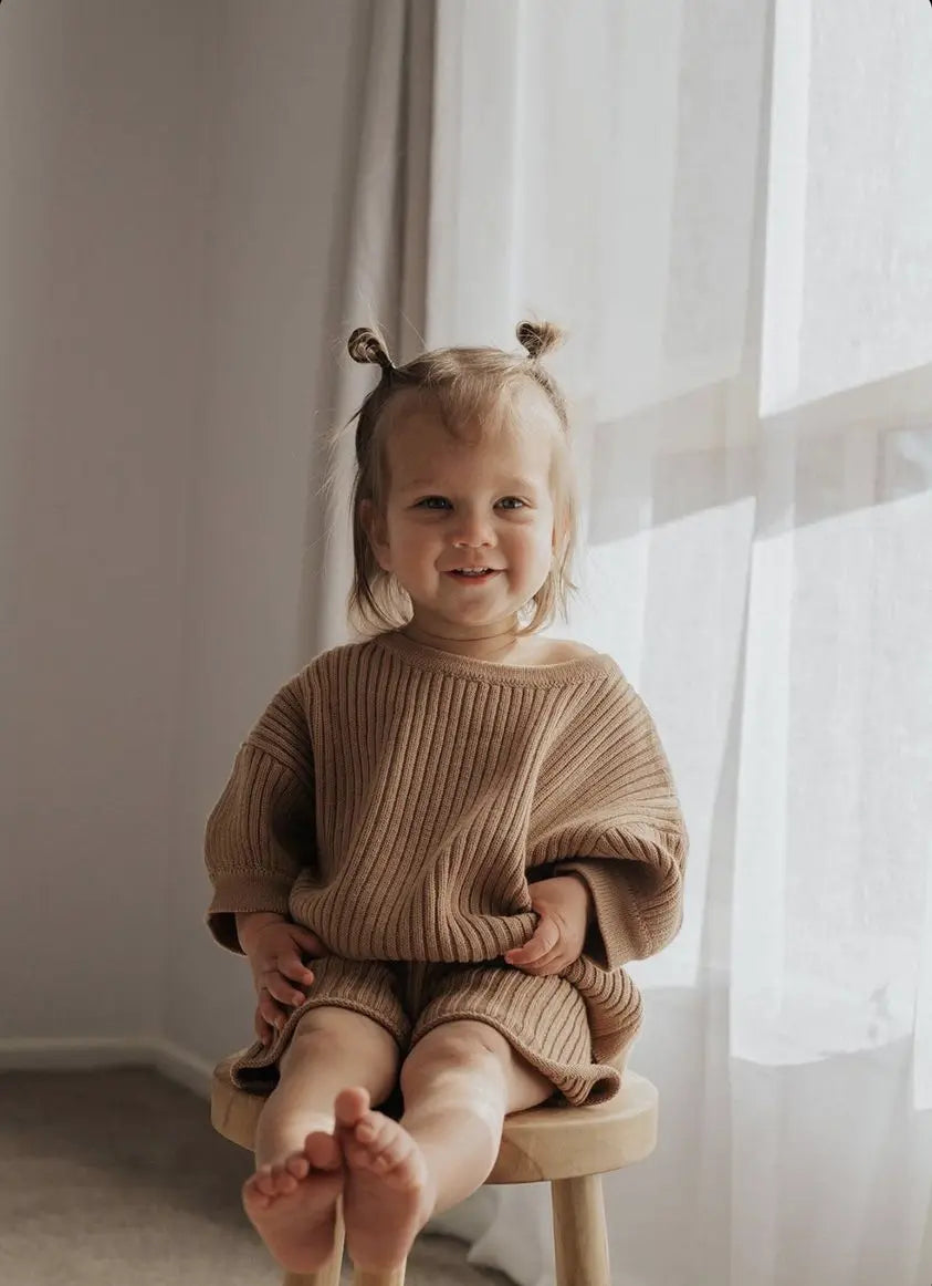 Little Girl In Cocoa Ribbed Knit Set