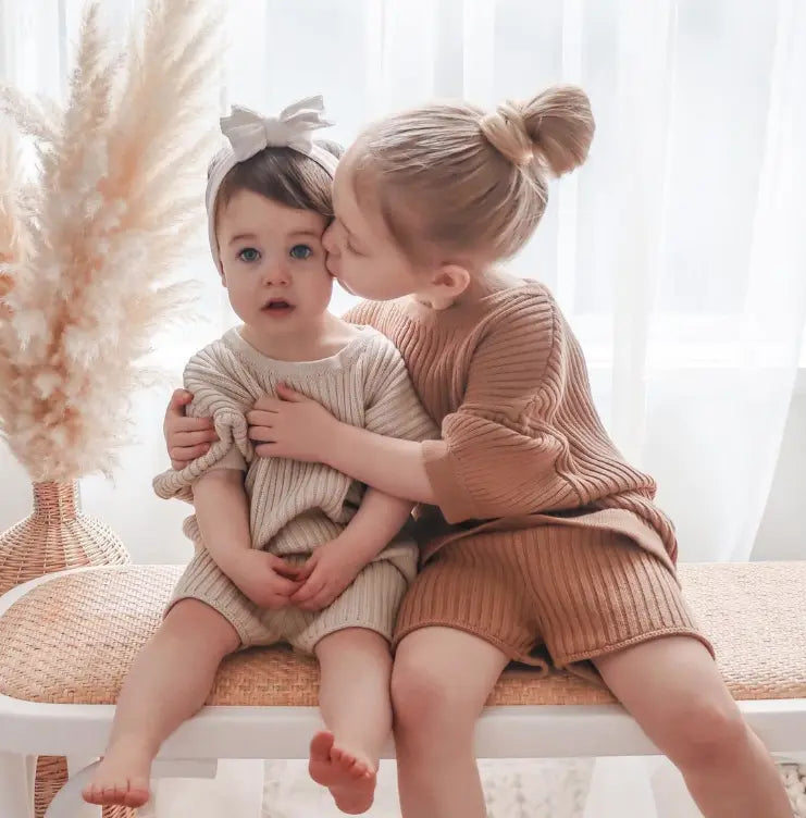 Siblings in Both Colors Of Ribbed Knit Shorts 