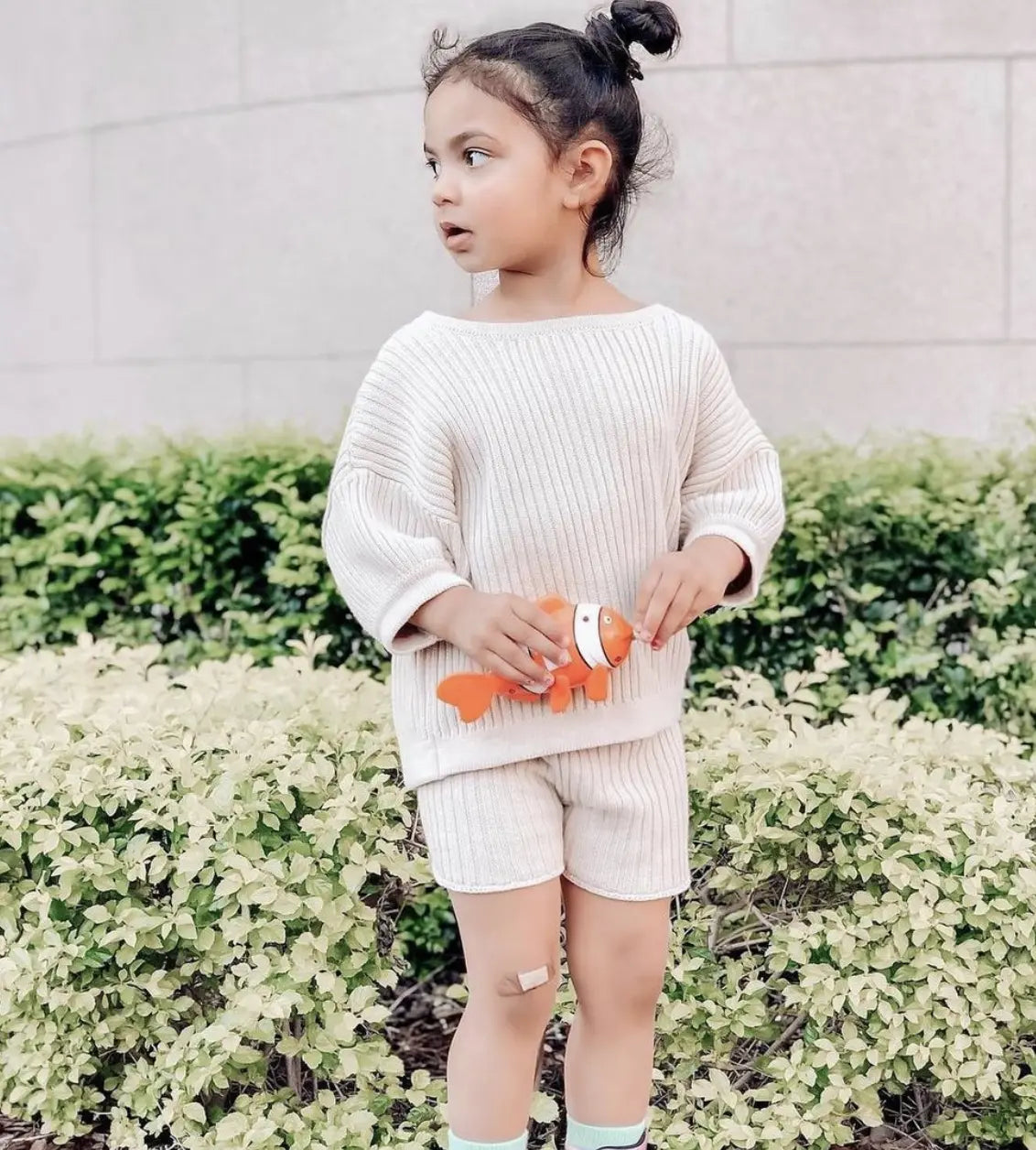 Creme Ribbed Knit Shorts on 5 Year Old 